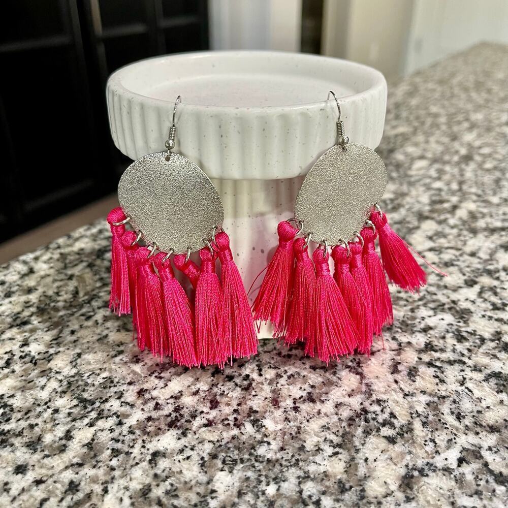 💐 Buckle Pink Boho Tassel Dangle Statement‎ Earrings